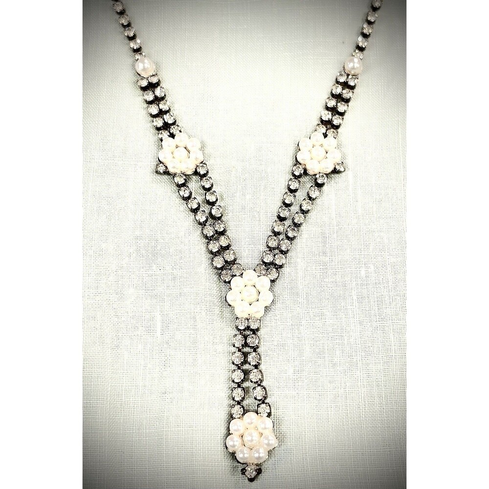 Vintage Rhinestone Faux Pearl Y Drop Necklace Bridal Wedding Mid Century